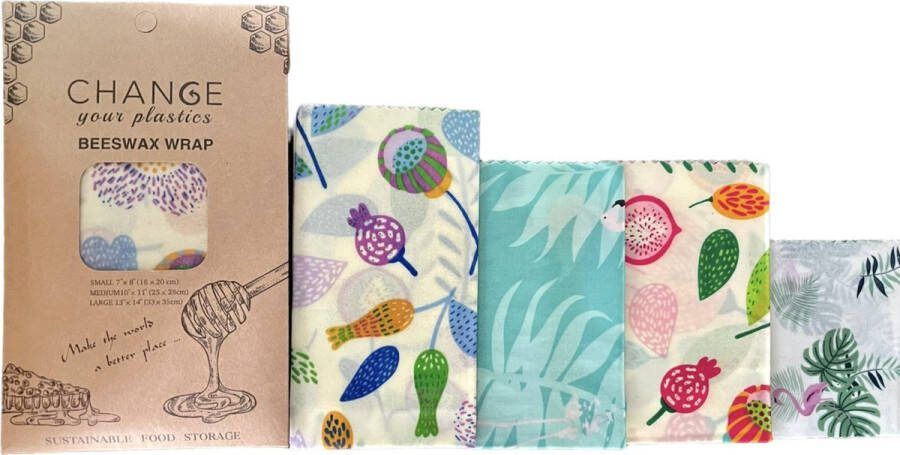 RnDe Bijenwas doek Set van 4 stuks Klein 2x Middel en Groot Bijenwasdoek Herbruikbaar boterhamzakje Alternatief voor boterhamzakjes Verminder je Plastics Bijenwas wrap Beeswax wrap voor bewaren van groente fruit of als verpakking