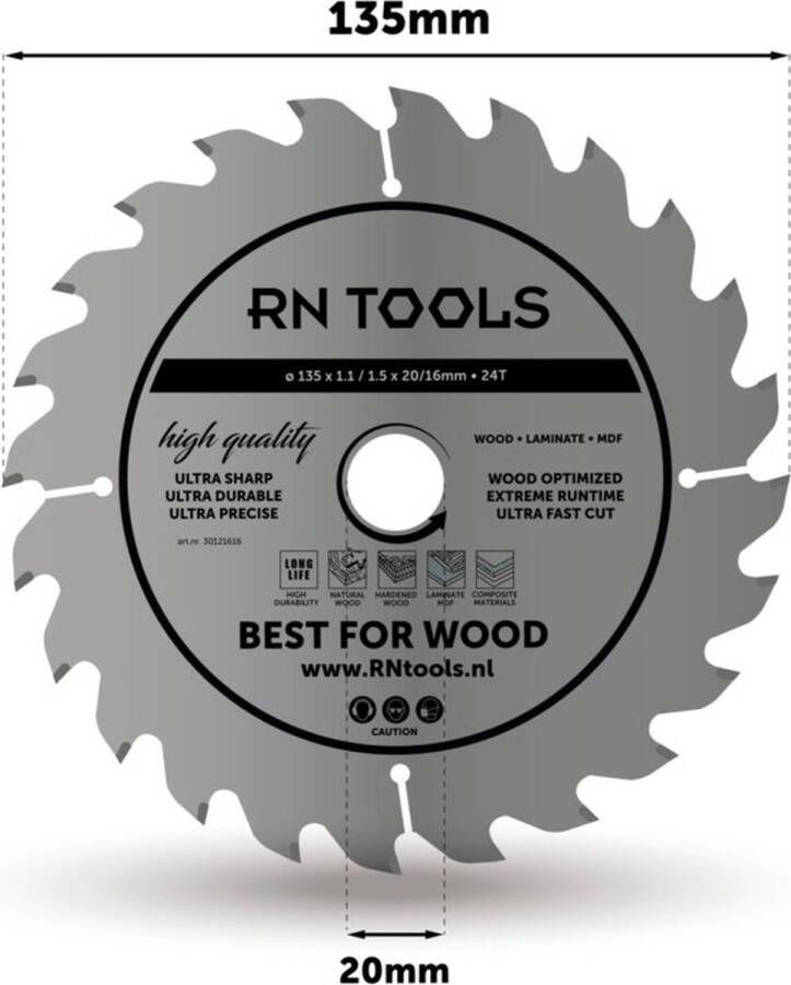 RNtools Cirkelzaagblad Best for Wood ⌀ 135mm 24 tanden Zaagbreedte 1 5 mm Dikte blad 1 mm Hout Hardhout Laminaat MDF Multiplex