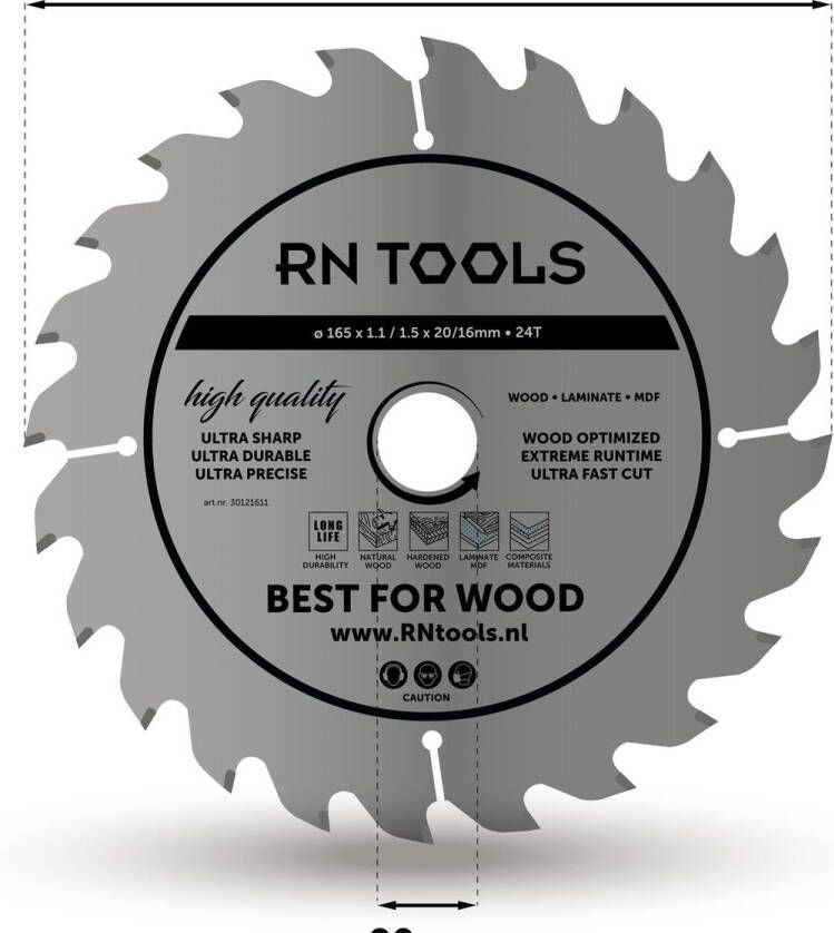 RNtools Cirkelzaagblad Best for Wood ⌀ 165mm 24 tanden Zaagbreedte 1 5 mm Dikte blad 1 mm Hout Hardhout Laminaat MDF Multiplex