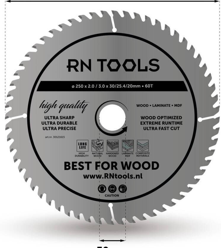 RNtools Cirkelzaagblad Best for Wood ⌀ 250mm 60 tanden zaagbreedte 3 0mm dikte blad 2 0mm hout hardhout Laminaat MDF mulitplex DeWalt Milwaukee Festool Metabo Scheppach Einhell