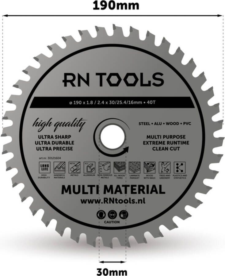 RNtools Cirkelzaagblad Multi Material ⌀ 190mm 40 tanden Zaagbreedte 2 4 mm Dikte blad 1 8 mm geschikt voor cirkelzaag afkortzaag invalzaag