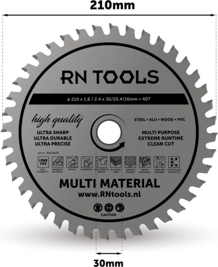 RNtools Cirkelzaagblad Multi Material ⌀ 210mm 40 tanden Zaagbreedte 2 4 mm Dikte blad 1 8 mm geschikt voor cirkelzaag afkortzaag invalzaag