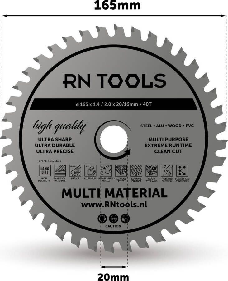 RNtools Cirkelzaagblad Multi Material ⌀165MM 40 tanden Zaagbreedte 2 0 mm Dikte blad 1 4 mm -geschikt voor cirkelzaag afkortzaag invalzaag