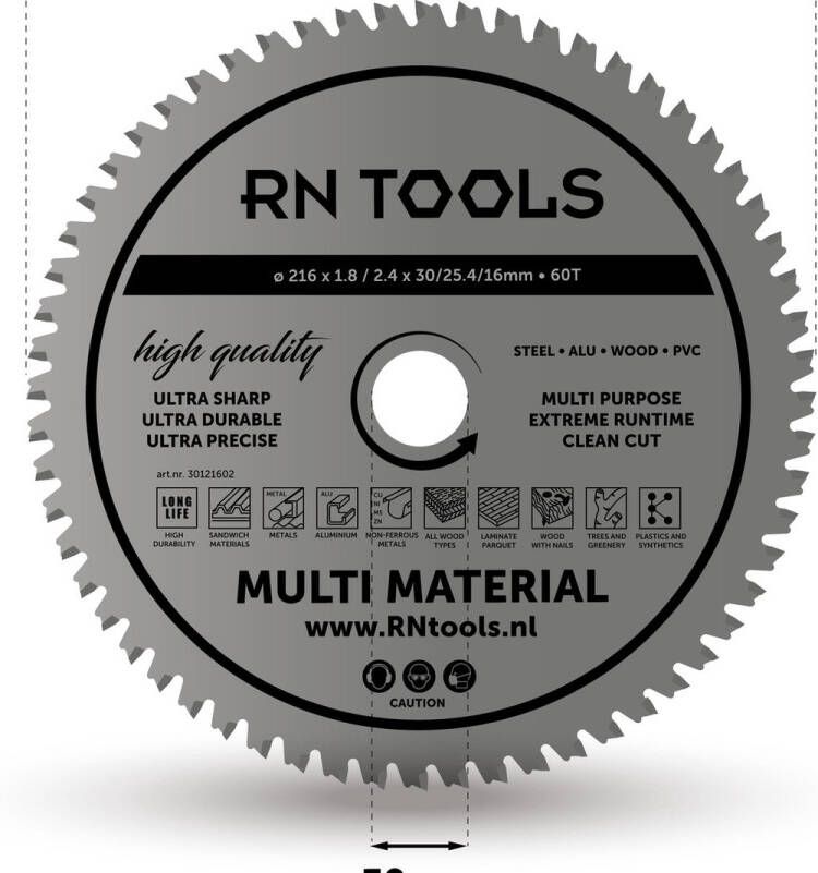 RNtools Cirkelzaagblad Multi Material ⌀216MM 60 tanden Zaagbreedte 2 4 mm Dikte blad 1 8mm geschikt voor onder andere cirkelzaag afkortzaag zaagtafel Bosch DeWalt Hitachi Hikoki Festool Makita Metabo Milwaukee