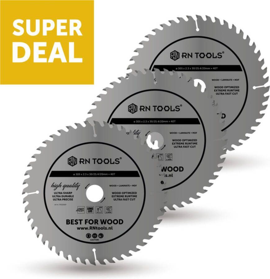 RNtools Superdeal bestaande uit Cirkelzaagblad Best for Wood 305mm x 30 mm 40 tanden 3 STUKS zaagblad