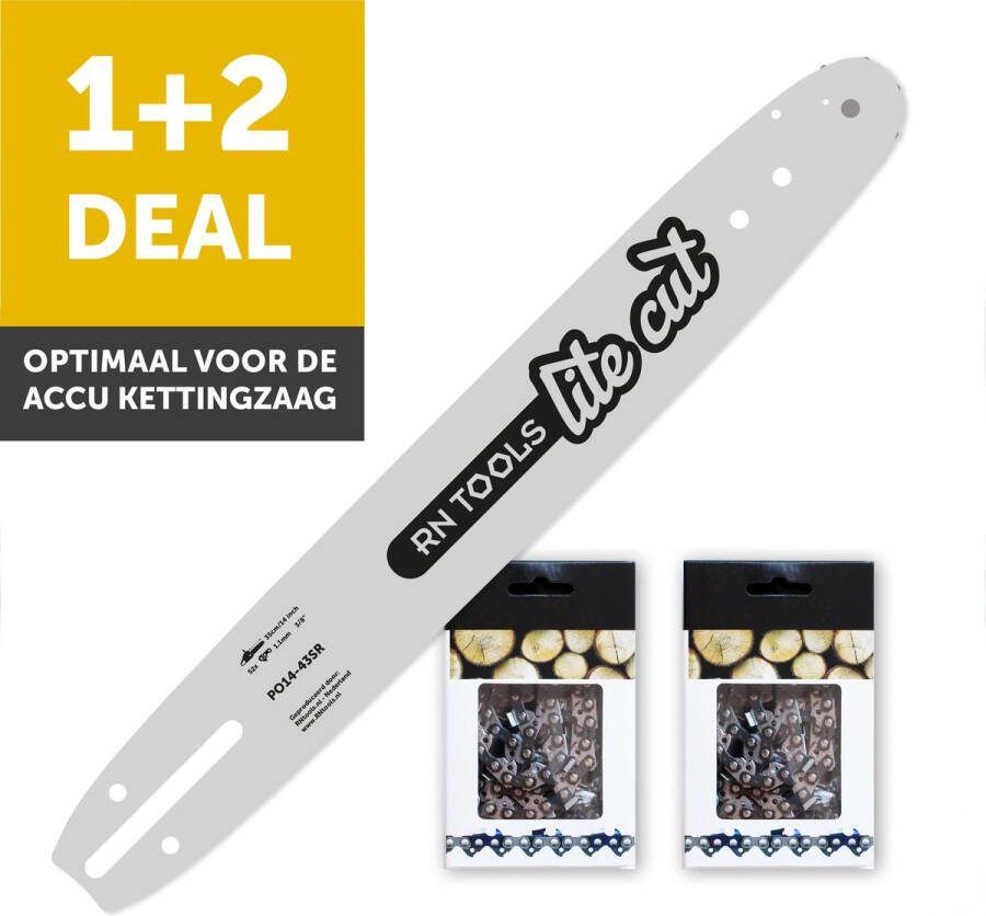 RNtools zaagblad LiteCut 35cm voor Accu Kettingzaag (o.a. DeWalt Milwaukee Makita EGO) + 2x zaagketting 3 8 1.1mm 52 schakels
