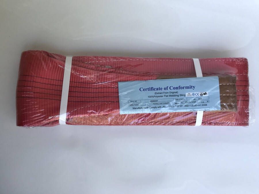 Roadtech 1 stuks polyester hijsband. Maximale belasting: 5 ton. Lengte: 2 meter. Kleur: Rood.
