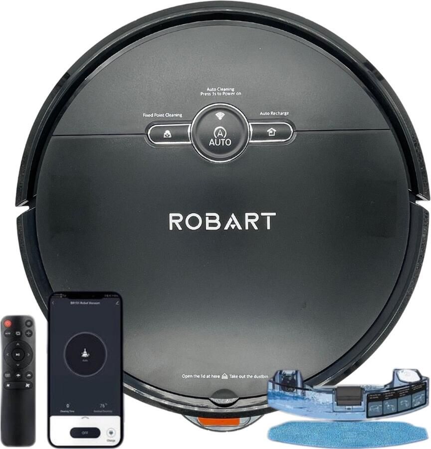 Robart Robotstofzuiger met dweilfunctie Robotstofzuiger met laadstation Stofzuigers Stofzuiger draadloos Robotstofzuiger met afstandsbediening Zwart