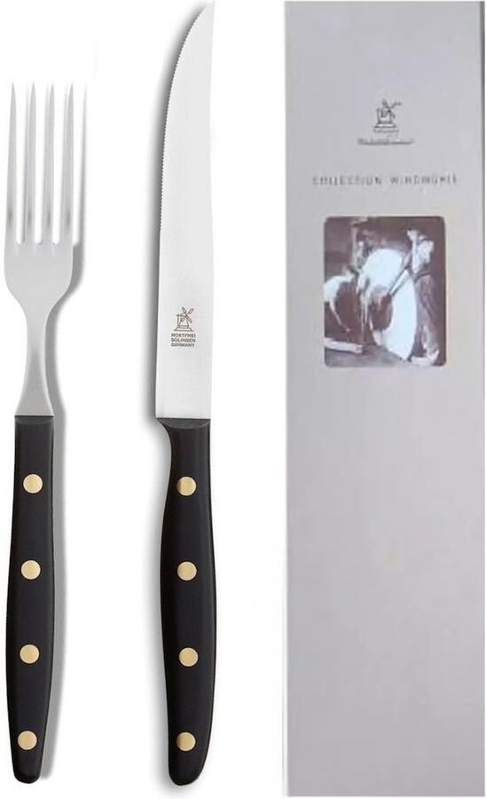 Robert Herder Windmühle Steakvork en Steakmes RVS Fijne Kartel Lemmet 12.5 cm Heft POM Zwart