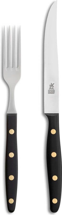 Robert Herder Windmühle Steakvork en Steakmes RVS Glad Lemmet 12.5 cm Heft POM Zwart