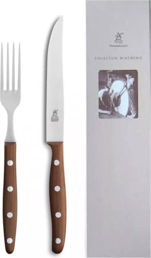 Robert Herder Windmühle Steakvork en Steakmes RVS Glad Lemmet 12.5 cm Heft Pruimenhout