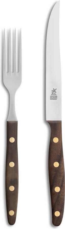 Robert Herder Windmühle Steakvork en Steakmes RVS Glad Lemmet 12.5 cm Heft Walnotenhout