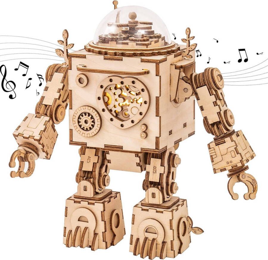 Robotime 3d Hout Puzzel DIY Houten Mechanisme Muziekdoos Bouwpakket -Houten Modelbouwset-Verjaardag voor Kinderen en Volwassenen (Robot)
