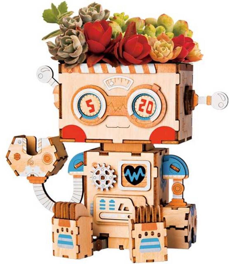 Robotime Bouwpakket Robot DIY Bloempot 13 7x7 8 Cm Hout 71-delig