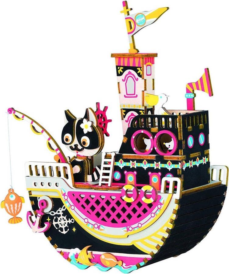 Robotime Muziekdoos DIY 3D Fishing Kitty Houten Modelbouw