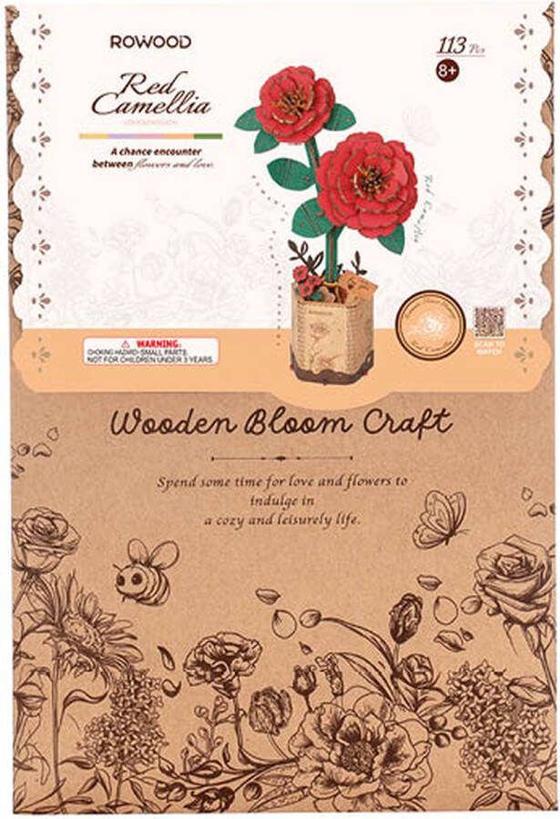 Robotime Red Camellia TW031 Rode Camelia Knutselen DIY Houten bouwpakket Volwassenen