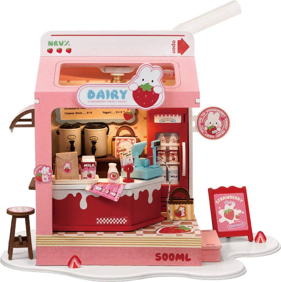 Robotime Rolife Strawberry Milk Box DS034 Knutselen DIY Miniatuur Hobby Miniatuurhuisje Creatief