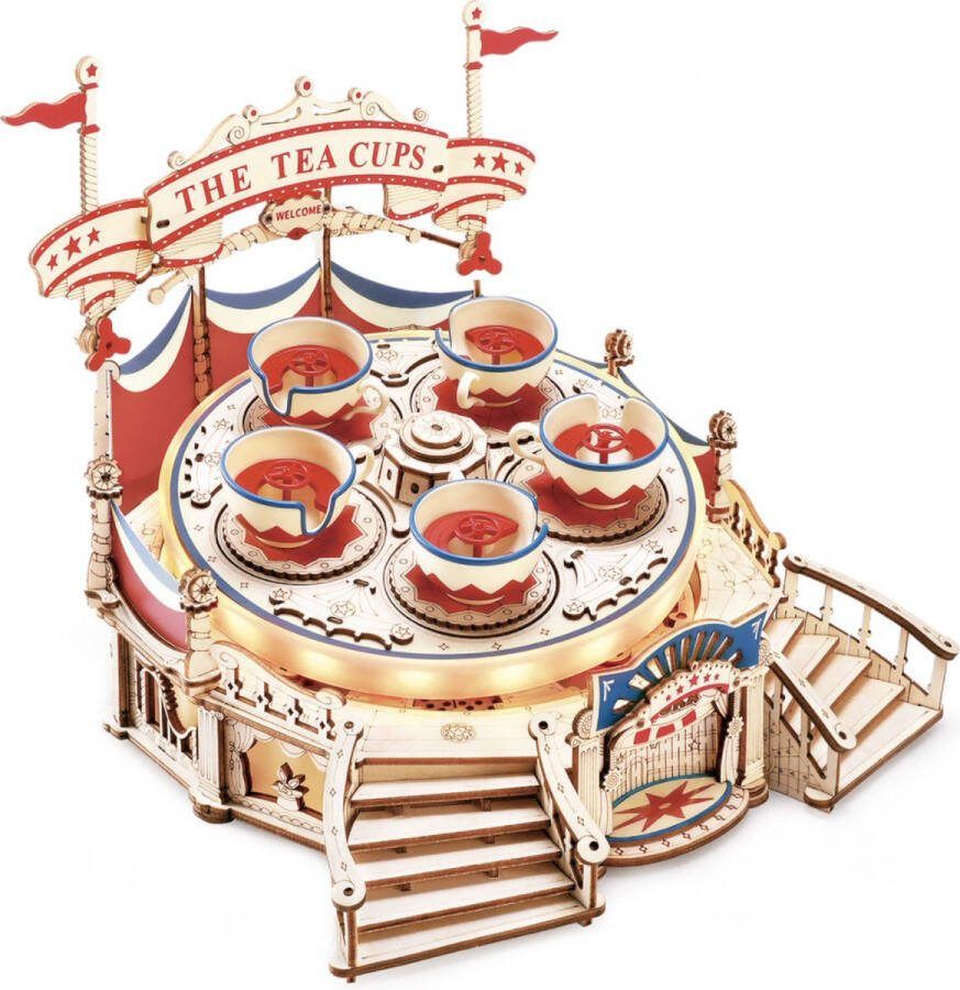 Robotime Tilt-A-Whirl 3D puzzel Houten bouwpakket Knutselen Miniatuur Attractie Theekopjesattractie Teacups Open bakjes