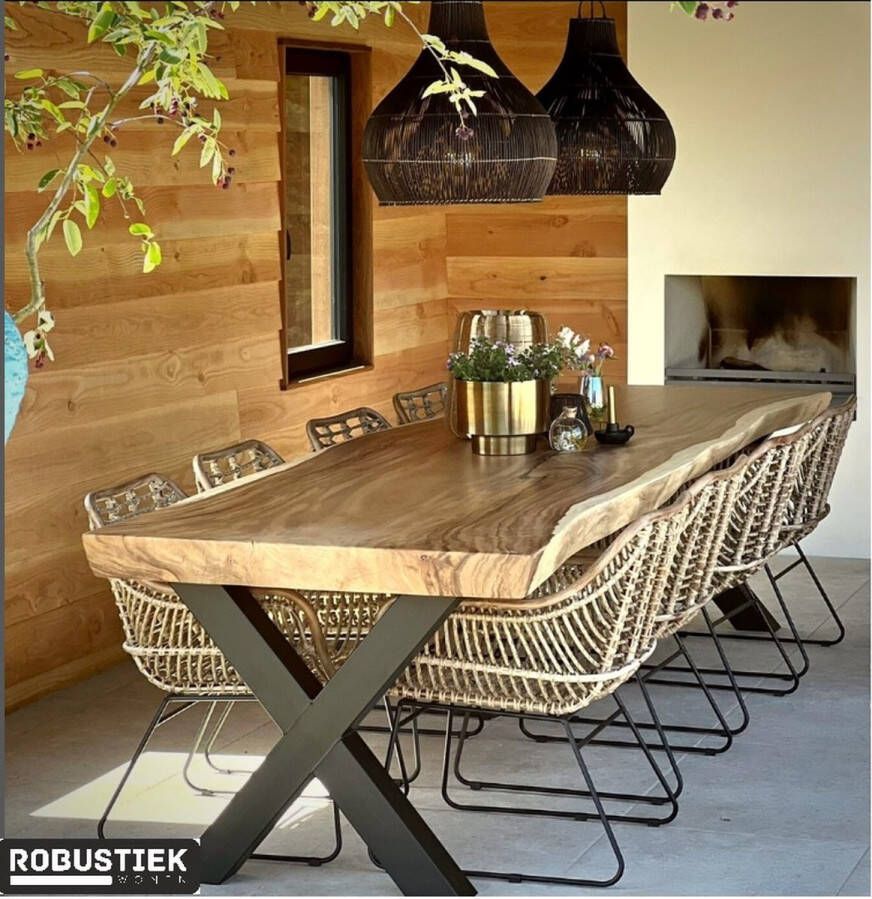 Robustiek Wonen Suar Boomstam Tuintafel 240 x 90-100 Stalen X Poten + Eettafel Boomstam- Buitentafel -6-8 Massief Hout
