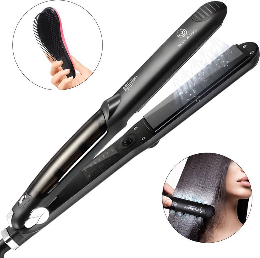 Rock&Rose Stoomstijltang 150-230°C Voor Alle Haartypes Hydrateert Zwart Steam Hair Straightener