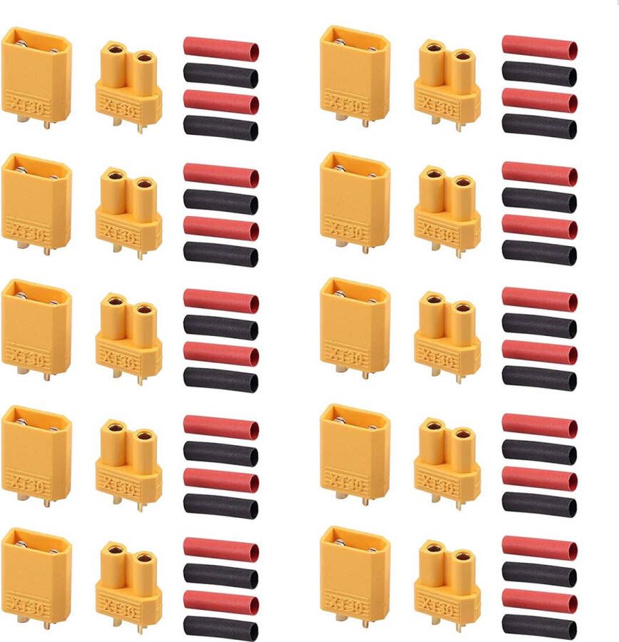 Rocketshop XT30 Batterijconnectoren Set 10 Paar Mannelijke en Vrouwelijke Connectoren Incl. Krimpkousen Voor RC Auto Boot LiPo-batterijen