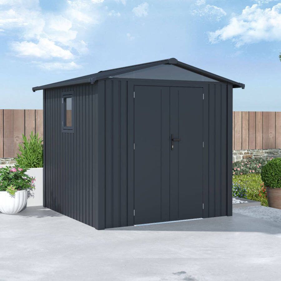 Rockford Braga 200 metalen tuinhuis Tuinschuur met centraal slot polycarbonaat ramen en regenpijpen 240 x 232 x 220 cm Antraciet