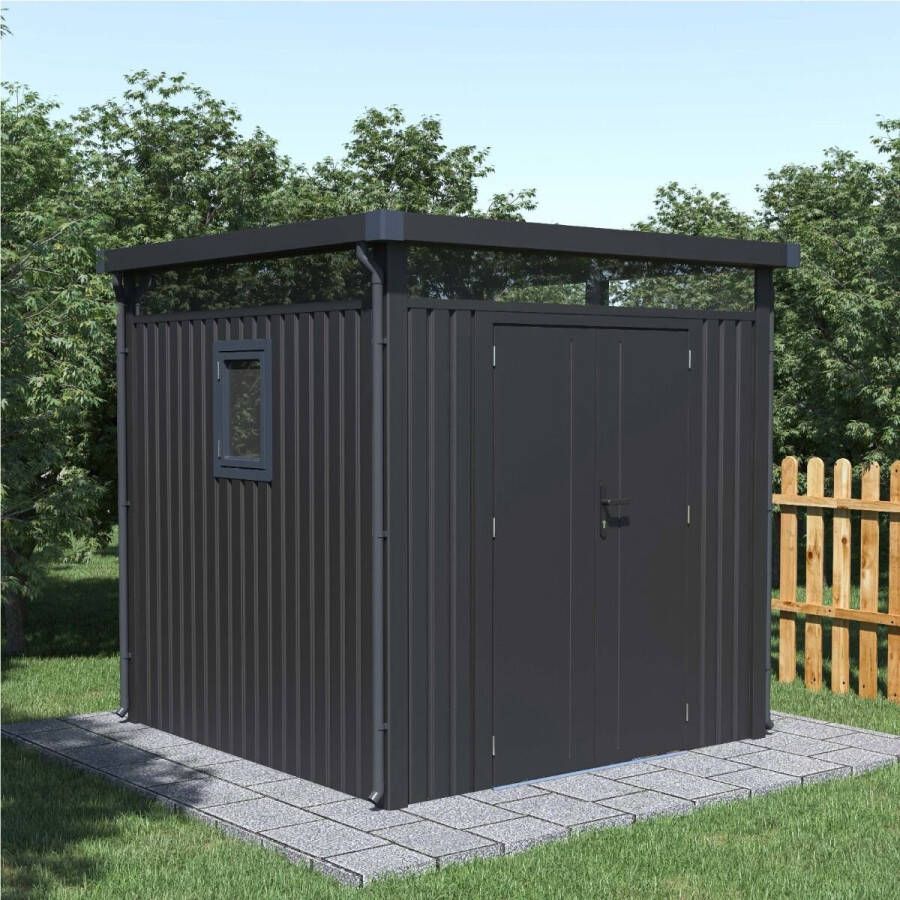 Rockford Lagos 100 metalen tuinhuis Tuinschuur met centraal slot polycarbonaat ramen en regenpijp 230 x 230 x 222 cm Antraciet