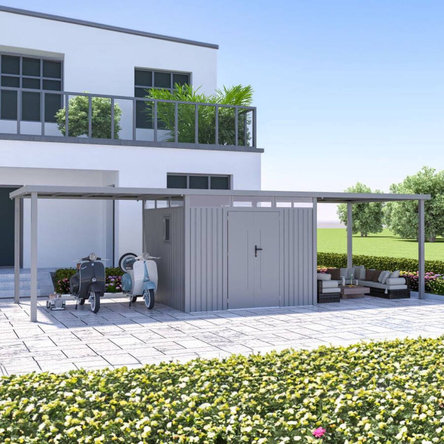 Rockford Lagos 300 metalen tuinhuis met overkappingen Tuinschuur met centraal slot polycarbonaat ramen en regenpijp 826 x 294 x 222 cm Grijs