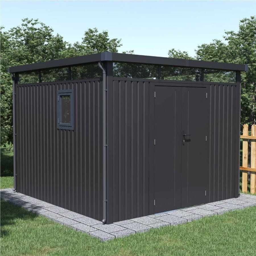 Rockford Lagos 300 metalen tuinhuis Tuinschuur met centraal slot polycarbonaat ramen en regenpijp 294 x 294 x 222 cm Antraciet