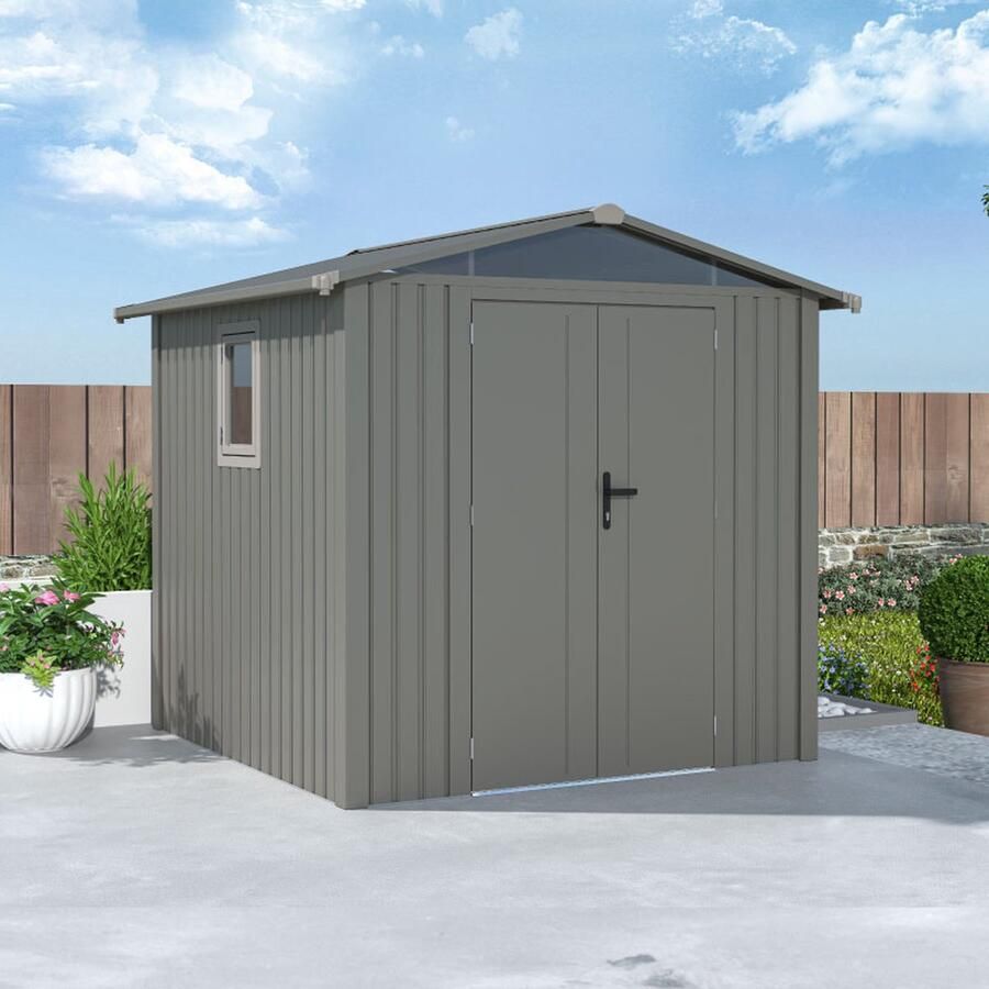 Rockford Braga 200 metalen tuinhuis Tuinschuur met centraal slot polycarbonaat ramen en regenpijpen 240 x 232 x 220 cm Grijs