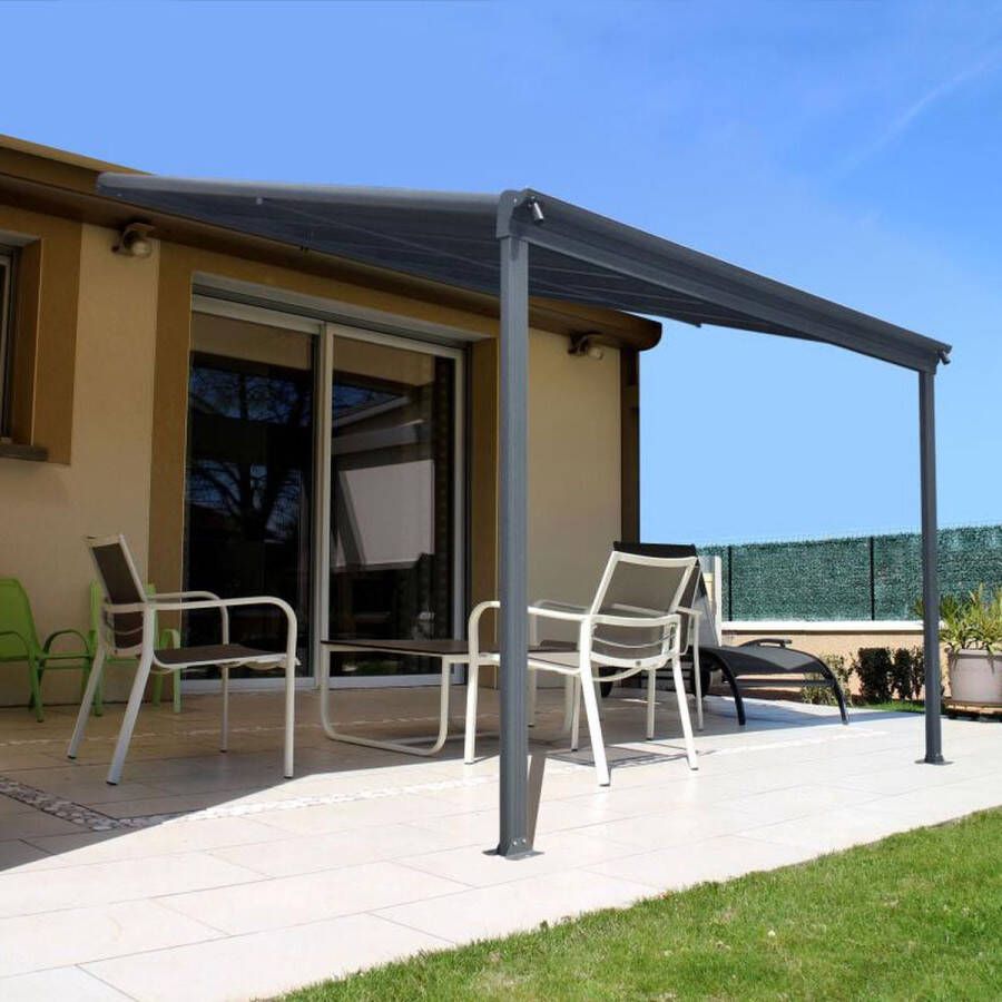 Rockford terrasoverkapping 3.1x3 m Overkapping tuin met opaal polycarbonaat voor zonwering Veranda van aluminium en weerbestendig Antraciet