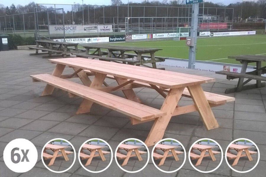 Rockwood 6x Picknicktafel Douglas Classic 4.00m Montage op locatie. Extra gemak en vakkundige service met 48 afgeronde hoeken (6 tafels x 8 hoeken)