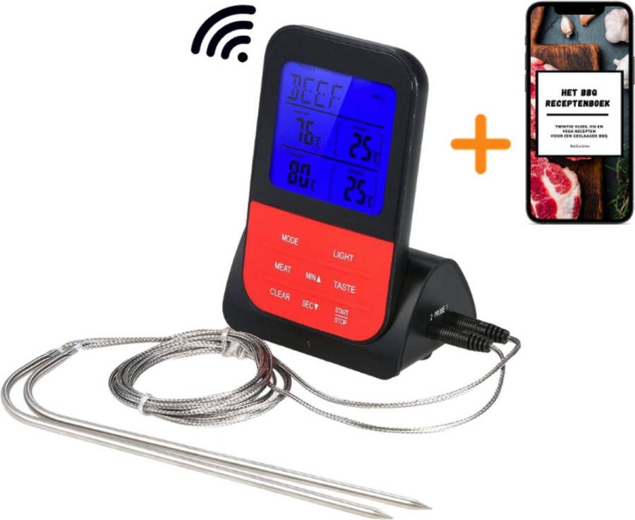 RoiCuisine Draadloze Vleesthermometer + Gratis Recepten E-book- BBQ Accessoires Rood Met Twee Sondes Kernthermometer Keukenthermometer Oventhermometer Suikerthermometer BBQ