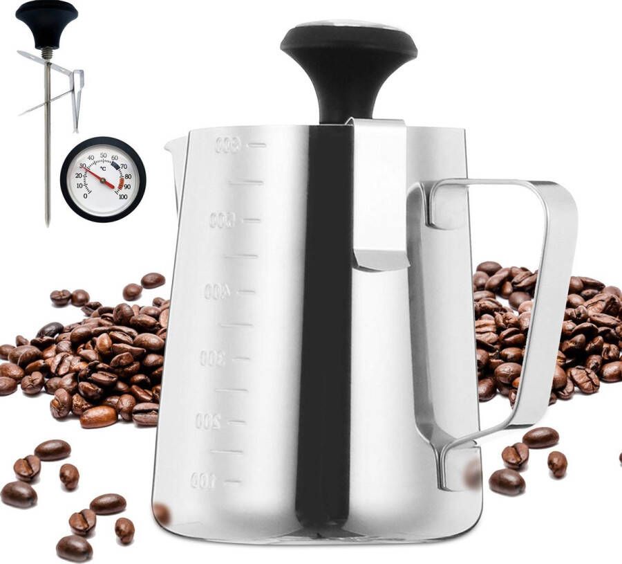 RoiCuisine Melkopschuimkan Met Thermometer 600ml Melkkannetje Barista RVS