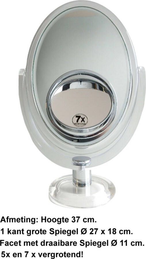 Rojafit Acrylence Grote staande Make up Spiegel Facet 27cm x 18cm.1kant 1x vergrotend Draaibare ronde spiegel intern Ø 11 cm. 1 kant 5x en 1 kant 7x vergrotend Acryl Transparant – hoogte 37 cm.!!