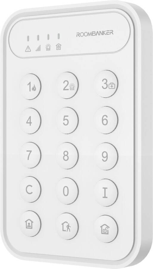 RoomBanker Keypad KP1 Ondersteuning voor inschakeling met één klik zonder wachtwoord en alarm met één klik (paniekalarm brandalarm medisch alarm) communicatie over extreem lange afstanden tot 1900 m tweerichtingscommunicatie met hub