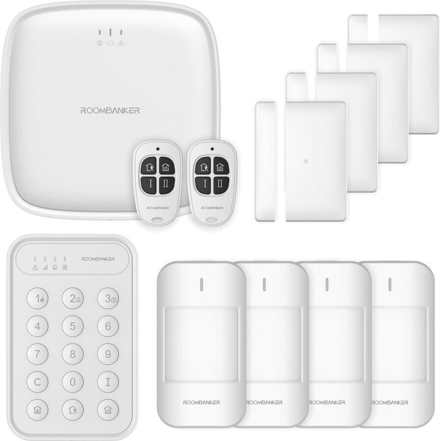 RoomBanker Smart Home Alarmsysteem Set Stationkit (LTE WiFi RJ45-verbinding) Met 4 bewegingssensoren 4 magnetische antidiefstaldeursensoren 2 keyfobs en 1 toetsenbord Meerdere protocollen ondersteund (RBF Zigbee Bluetooth)