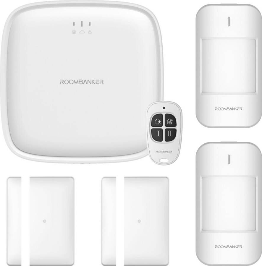 RoomBanker Smart Home Alarmsysteem Set PICO Kit (WiFi RJ45-verbinding) Met 2 bewegingssensoren 2 magnetische antidiefstaldeursensoren en 1 afstandsbediening Flexibel om meer smart home-apparaten toe te voegen