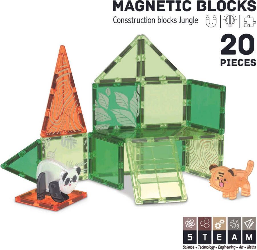Roosly Toys & fun Magnetisch speelgoed Magnetic tiles Roosly 20stuk Jungle Montessori speelgoed Magnetische Bouwstenen