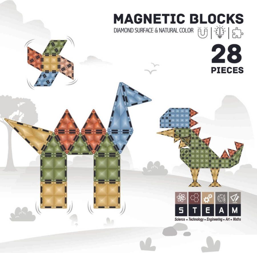 Roosly Toys & fun Magnetisch speelgoed Magnetic tiles Roosly 28stuk Montessori speelgoed Magnetische Bouwstenen