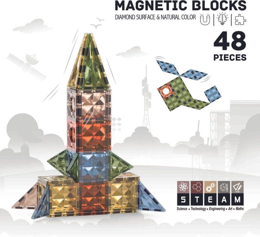 Roosly Toys & fun Magnetisch speelgoed Magnetic tiles Roosly 48stuk Montessori speelgoed Magnetische Bouwstenen