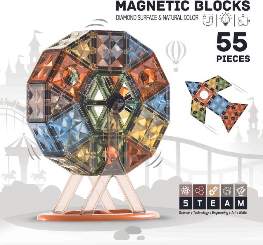 Roosly Toys & fun Magnetisch speelgoed Magnetic tiles Roosly 55stuk Montessori speelgoed Magnetische Bouwstenen