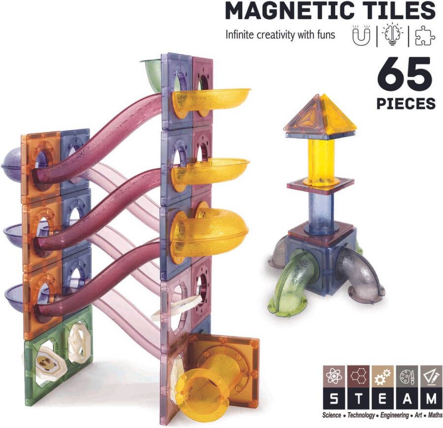 Roosly Toys & fun Magnetisch speelgoed Magnetic tiles Roosly 65stuk Magnetic tiles Knikkerbaan Montessori speelgoed Magnetische Bouwstenen