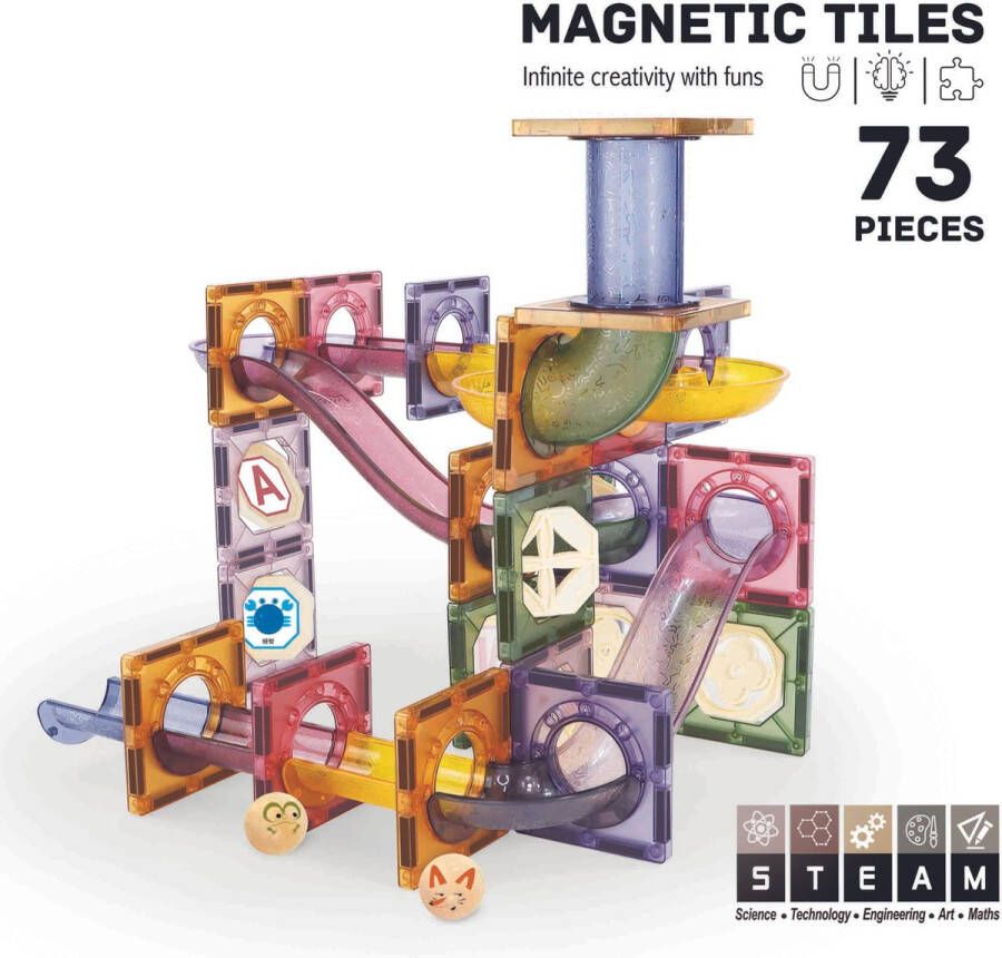 Roosly Toys & fun Magnetisch speelgoed Magnetic tiles Roosly 73stuk Magnetic tiles Knikkerbaan Montessori speelgoed Magnetische Bouwstenen