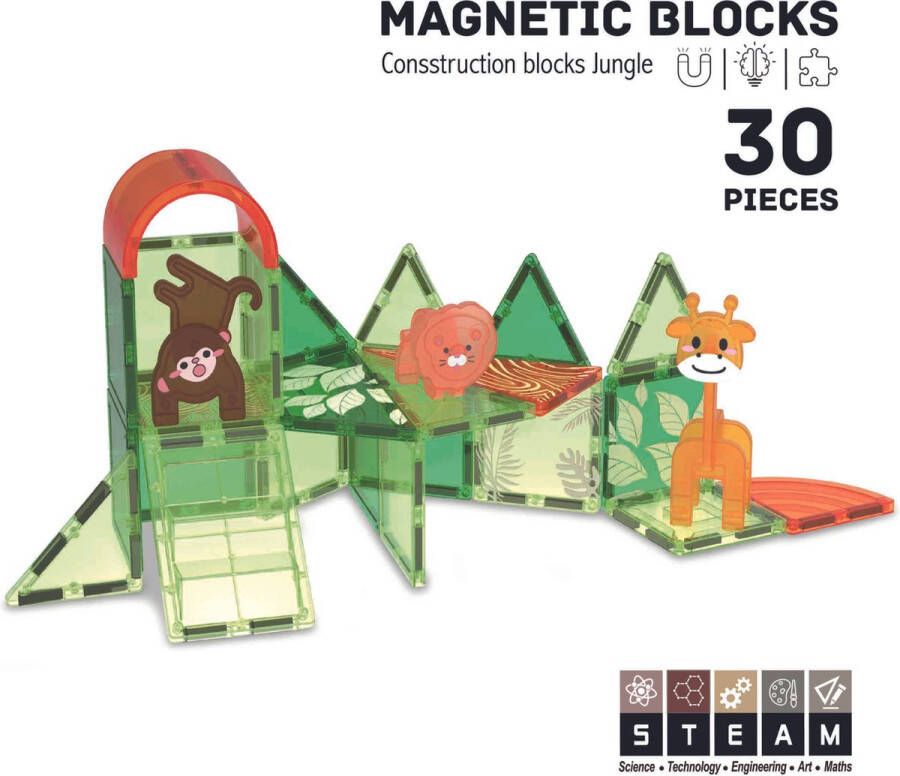 Roosly Toys & fun Roosly Magnetisch speelgoed 30stuk Magnetic tiles Jungle Montessori speelgoed Magnetische Bouwstenen