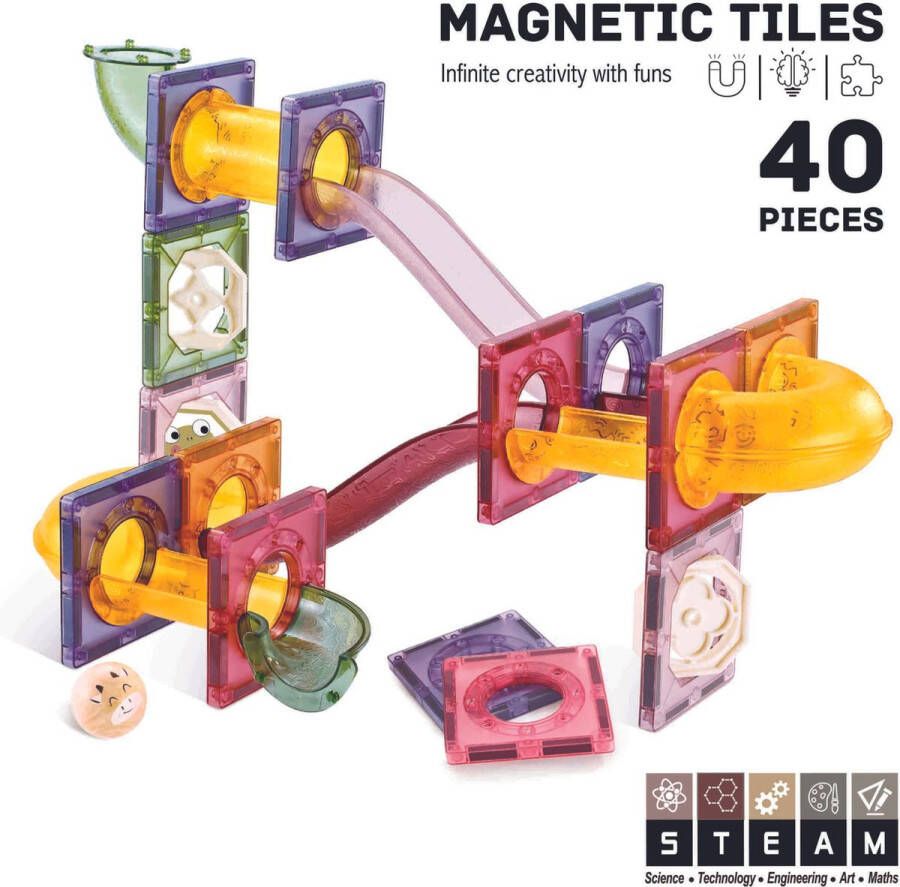 Roosly Toys & fun Roosly Magnetisch speelgoed 40stuk Magnetic tiles Knikkerbaan Montessori speelgoed Magnetische Bouwstenen