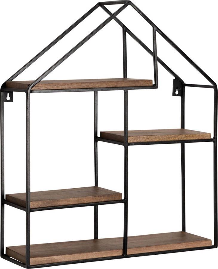 Rootz Living Rootz House Shape Wandplank Moderne wanddecoratie Massief hout Metalen frame Vier planken Handgemaakt Uniek ontwerp 50 cm x 60 cm x 14 cm