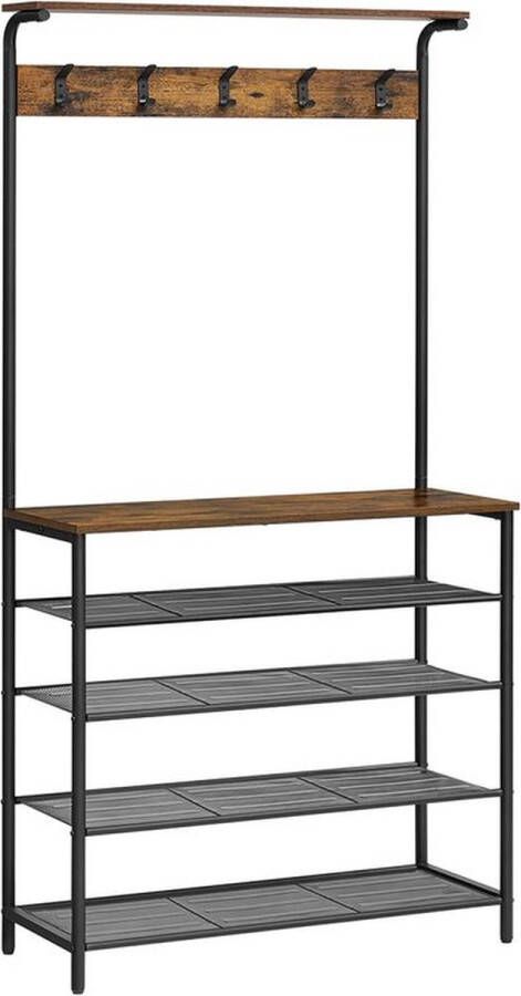 Rootz Living Rootz Kapstok Met Haken Kapstok Met Schoenenrek Staande Kapstok Spaanplaat Staal Vintage Bruin-Zwart 80 x 31 5 x 183 5 cm