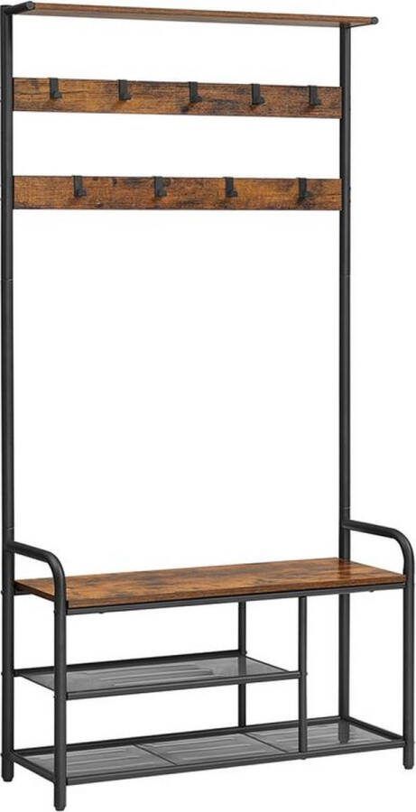Rootz Living Rootz Kapstok Met Haken Kapstok Met Schoenenrek Staande Kapstok Spaanplaat Staal Vintage Bruin-Zwart 85 x 30 x 180 5 cm