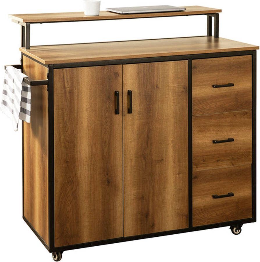 Rootz Living Rootz Keukentrolley met werkblad Keukeneiland Mobiele keukenkast Verstelbare planken Veelzijdige opbergruimte Duurzaam PB(E1) en metaal 113 cm x 106 cm x 69 cm